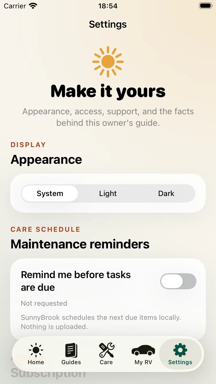 SunnyBrook Owner settings screen
